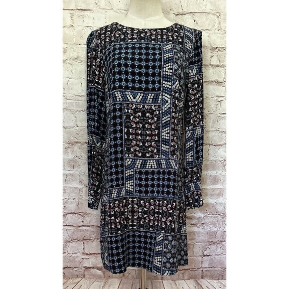 LOFT Womens Shift Dress Size 2 Black Blue Patchwork Ditsy Floral Long Sleeve - Picture 1 of 4